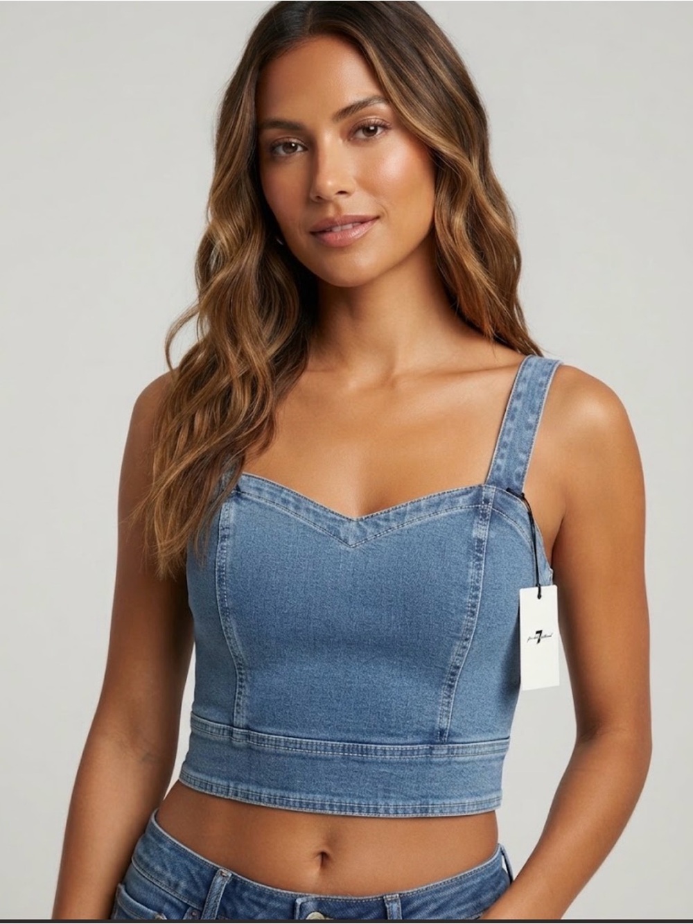 7 For All Mankind Blue Denim Sweetheart Crop Tank